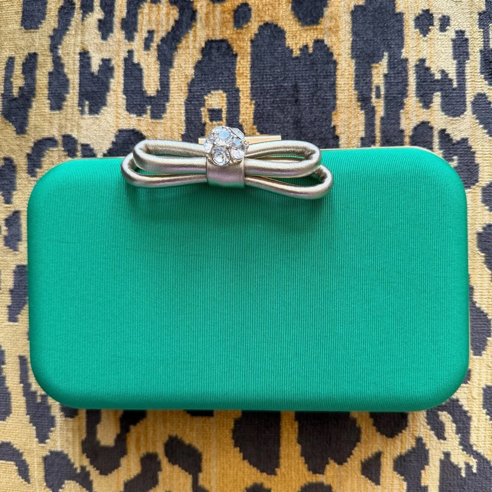 NWT Lilly Pulitzer Jessy Bow Hard Clutch Bamboo Green Gold Chain Crossbody Bag